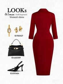Franclia Plus Size Elegant Red Satin Women's Dress,Autumn Long Sleeve Shirt Collar Asymmetrical Hem Ruffle Dress,Formal Party Work Church Outfits For Women - Red - View 2