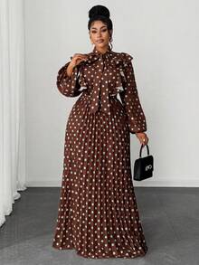 Maweii Plus Size Women Elegant Romantic Delicate French Polka Dot Wedding Guest V-Neck Chiffon Ruffle Puff Sleeve Cinched Waist Pleated Flowing Maxi Dress Dress Modest Brown Long Dress Brown Elegant Dress Women Brown Polka Dot Dress - Multicolor - View 1