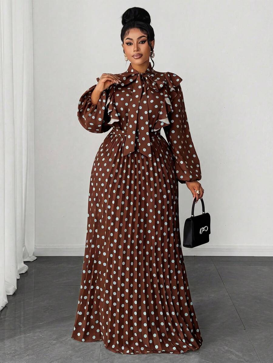 Maweii Plus Size Women Elegant Romantic Delicate French Polka Dot Wedding Guest V-Neck Chiffon Ruffle Puff Sleeve Cinched Waist Pleated Flowing Maxi Dress Dress Modest Brown Long Dress Brown Elegant Dress Women Brown Polka Dot Dress - Multicolor - View 1