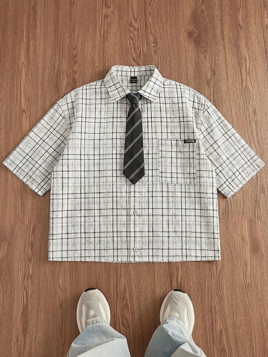 SWAVVY Men's Plaid Short Sleeve Single-Breasted Casual Pocket Shirt - Blue and White - View 1