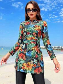Swim Mulvari Women's Tropical Floral Ruched Burkini Two-Piece Dress & Pants Full Coverage Swimsuit, Spring/Summer - Multicolor - View 4