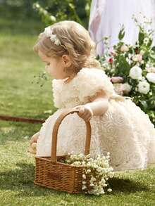 SHEIN Elegant & Cute Apricot Floral Mesh Short Sleeve Babygirl Dress A Loose And Adorable Stand-Up Collar 3D Flower And Rose Embroidery Net-Sheer Puffy-Sleeved Back Bow Dress For Girls, In Peach And Champagne Colors. Suitable For Weddings, Children's Floral Wear, And Birthday Parties  Elegant Cute Mesh Dress For Baby Girl Baby Girl Fluffy Dress Newborn Baby Girl Dress Luxury Baby Girl Dress Baby Girl Dress And Jacket Set Baby Girl Tulle Dress - Multicolor - View 10