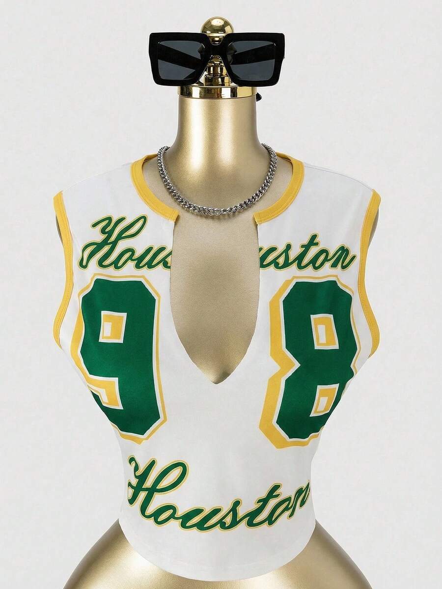 SHEIN SXY Áo thun crop top không tay gợi cảm với họa tiết số, phong cách đường phố, áo thun Houston Jersey mùa xuân/hè, áo kiểu thập niên 90, áo kiểu Y2K, áo crop top cổ chữ V sâu, áo in họa tiết, áo tank top, áo mùa hè, áo vest nữ, áo tốt nghiệp cho nữ, áo thiết kế riêng, trang phục bóng chày cho nữ, áo không tay - màu xanh lá - Xem 1