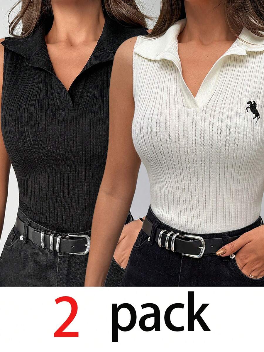 SHEIN Black And White Rib Knit Sleeveless Polo Embroidery Collar Top With Fitted Waist And Minimalist Design For Women - White - View 1