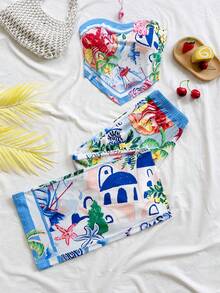 Soleia 2pcs Women Palm Tree Print Tube Top And Pants Set, Vacation Tropical Two Piece Set Beach Set For Women Tropical Vacation Woman Clothes Summer Pants Sets - Multicolor - View 6