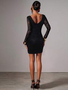 COSMINA Váy ngắn tay dài ren cổ chữ V sâu thanh lịch dành cho nữ, mùa thu/đông - màu đen - Xem 2