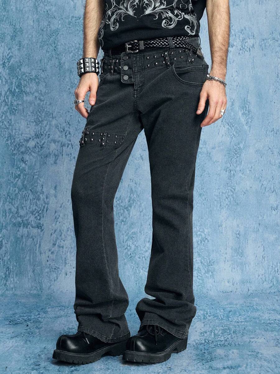 ROMWE MEN Men's Metal Rivet Layered Denim Jeans - Brown - View 1