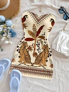 Soleia Casual Vacation Style Apricot Background Parrot Tiger Animal Coconut Tree Geometric Combination Retro Pattern Placement Print Women Mini Dress, Suitable For Spring/Summer Vacation - Multicolor - View 5