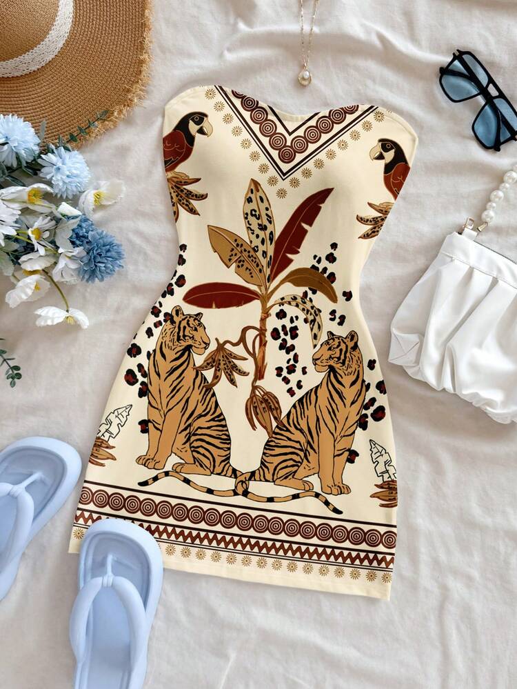 Soleia Vestido Curto Feminino com Estampa Retrô de Combinação de Papagaio, Tigre, Árvore de Coco e Geometria em Bottom Laranja, Estilo Casual de Férias, Adequado para Férias na Primavera/Verão - Multicolorido - Visão 5