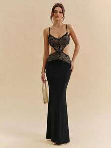 SHEIN BAE Women's Solid Black Lace Patchwork Dress, Elegant Dress, Vacation Dress, Beach Vacation Dress, Date Dress, Extra Long Dress, Black Dress - Black - View 5