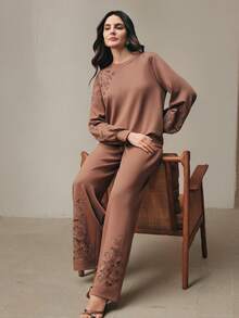 Anewsta Elegant Women's Asymmetrical Fabric Embroidered Graphic Sweatshirt, Suitable For Spring And Summer - Khaki - View 6