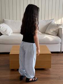 DAZY 两件套女童纯色圆领无袖上衣和格子裤套装，秋季服装 - 黑色 - 查看 2