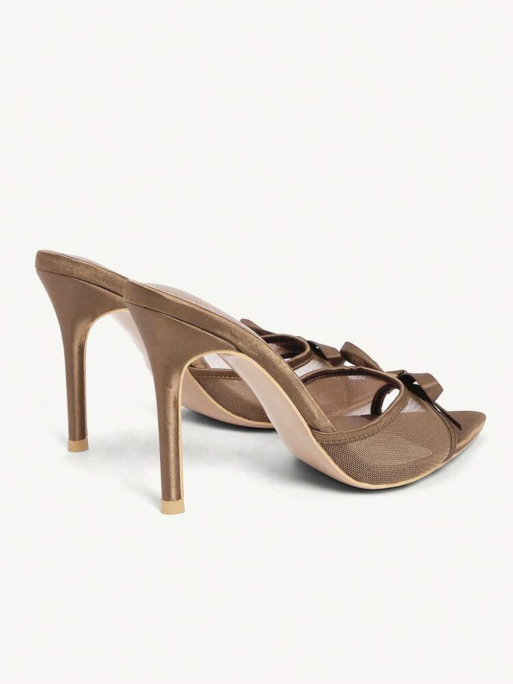 CUCCOO CHICEST Women Shoes Brown Satin Mesh Splicing Summer And Summer Bow Elements Fashion Sexy Pointed Stiletto Slippers Summer Shoes Wedding Shoes Bride Shoes