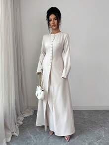 Elenzga 优雅女士浅灰色和烟白色花卉长袖长款开衫衬衫上衣和裤子两件套，休闲适合度假、日常、街头、家庭聚会、约会、派对、正式中东节日礼服套装 - 淺灰色 - 查看 6