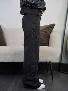 SAYEHFBABY Women's Party Fashion Commuter Rhinestone Embellished Wide Leg Jeans - Black - View 4