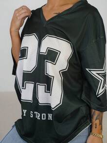 SAYEHFBABY Casual Minimalist 23 Letter & Number Graphic Women T-Shirt, Suitable For Summer - Green - View 3