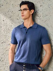 RONVEXI Men's Loose Lightweight Premium Knit Seagull Collar Polo Shirt - Striped Airplane Collar Short Sleeve, Cool & Comfortable Summer Fashion Casual Essential Men Buttoned Polo Men Knit Shirt Blue Polo Shirt Men Short Sleeve Polo - Dusty Blue - View 4