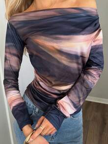 Sydney Algeri Marble Gradient Print Asymmetric Asymmetrical Neck Long Sleeve T-Shirt With Pleats Graphic Tees Women Tops For Spring Outfit Fall Cloth For Women - Brown - View 4