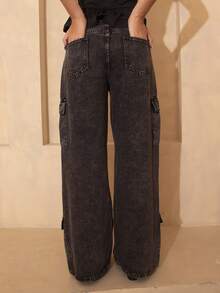 juhmazzocco Women's Simple Front Button Pocket Casual Cargo Jeans, Daily Leisurewear - Grey - View 5