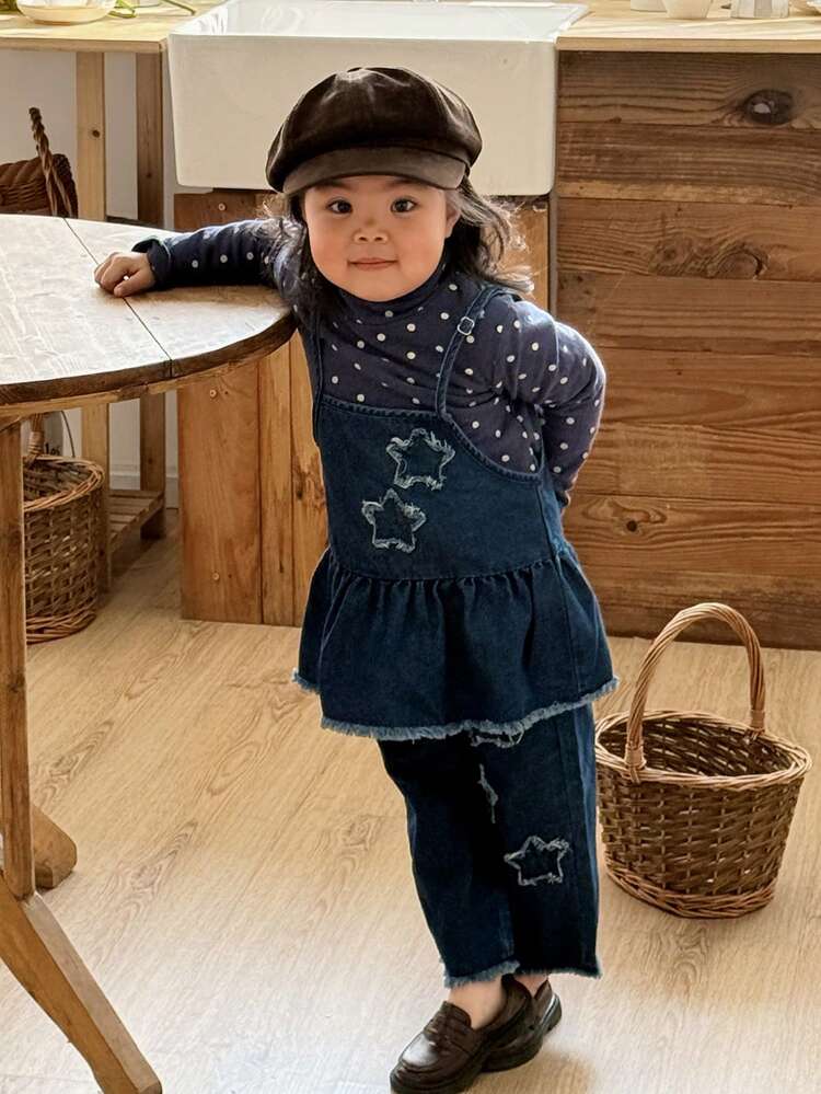 Toddler Girls' Denim Overalls With Star Applique 2 Pieces Set