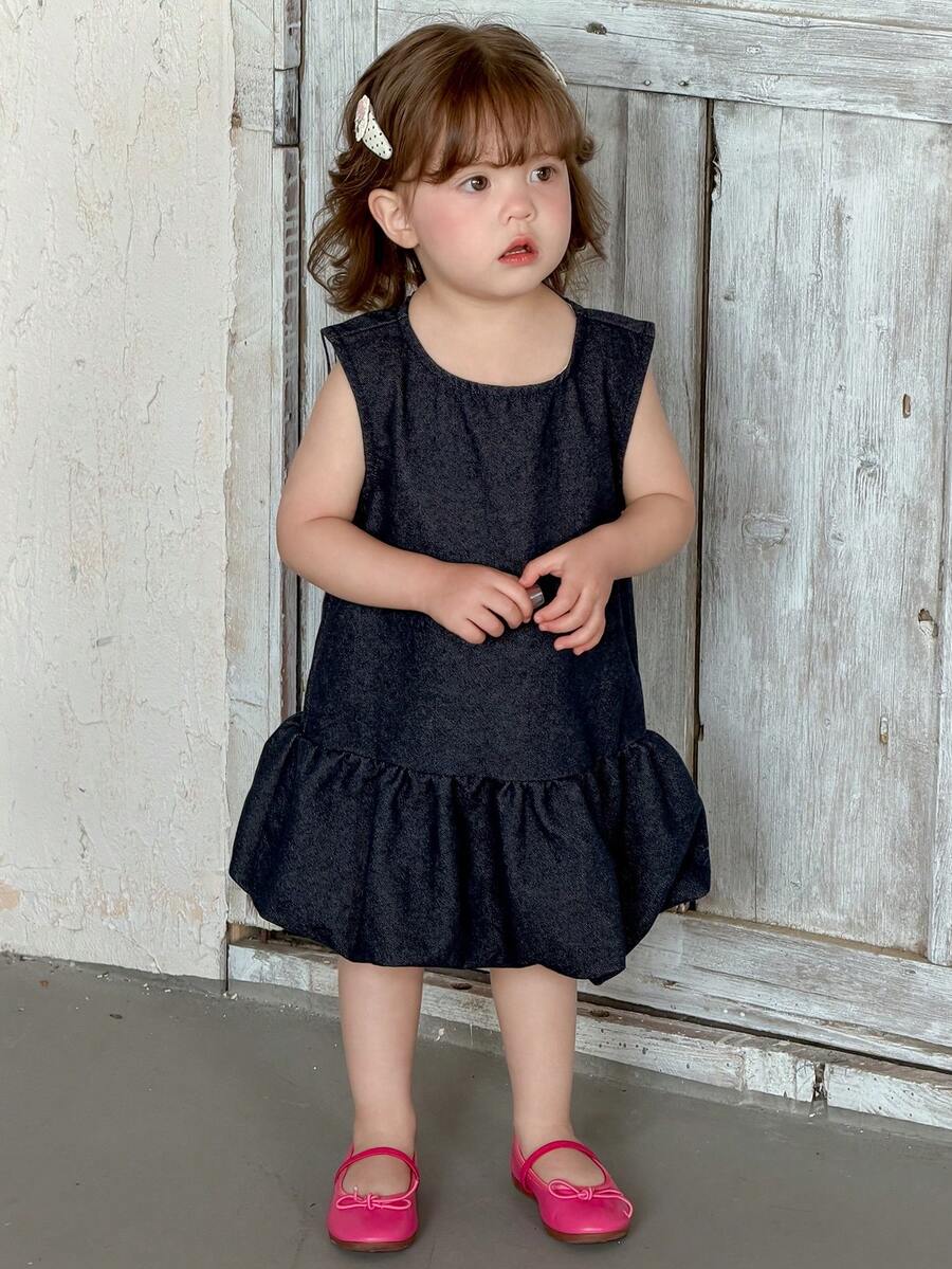 DAZY Toddler Girls' Round Neck Korean Style Ruffle Trim Sleeveless Denim - Blue - View 1