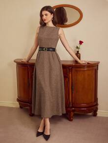 Vintamour Elegantes Vintage-Kleid für Damen, figurbetontes Bootausschnitt-Etuikleid mit ärmellos für Frühling/Sommer, in Grau, mit Taschen, Gürtel und ausgestelltem Saum, Langes Kleid - Braun - Übersicht 7