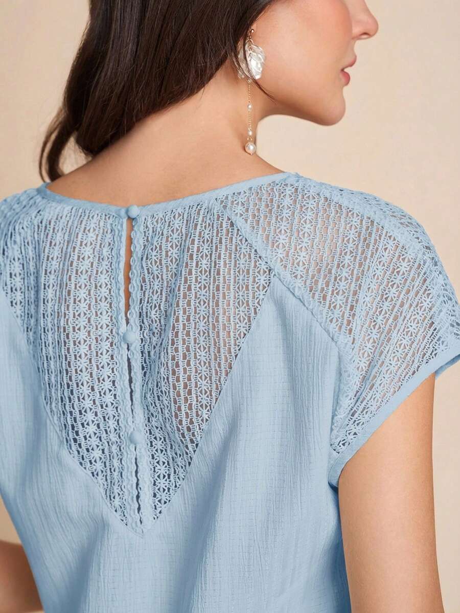 Amorya Women's Lace Crochet Textured Button Back V-Neck Blouse - Blue - View 1