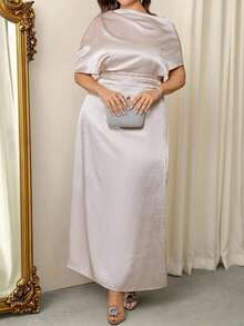 Firerie Plus Size Elegant Casual Vacation Minimalist One Shoulder Open Shoulder Ruched Satin Fabric High-End Commute Office Versatile Daily Basic Straight H-Line Women Short Sleeve Dress, Spring/Summer Satin Maxi Dress Modest Elegant Dress Plus Elegant Dress Silver Elegant Dress Curve Elegant Dress Spring Outfit Women Spring Dress For Women - Apricot - View 6