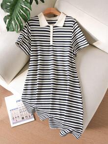 CosyJoli Plus Size Half-Zip Striped Casual Short Sleeve Summer Versatile Dress - Navy Blue - View 1