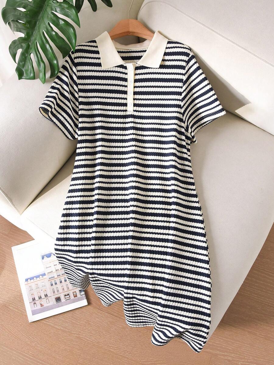 CosyJoli Plus Size Half-Zip Striped Casual Short Sleeve Summer Versatile Dress - Navy Blue - View 1