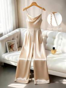 Franclia 女士时尚珍珠吊带圆领连体裤，春夏款 - 香檳色 - 查看 1