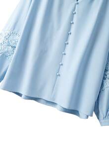 GlowEve CURVE Stylish Plus Size Light Blue Blouse Featuring Notched Neckline And Delicate Cutwork Insert On Long Sleeves - Blue - View 6
