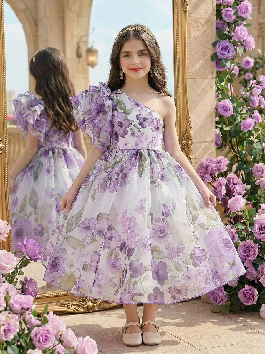 SHEIN 小女孩碎花短袖公主裙，新款蓬蓬裙派对礼服 - 紫色 - 查看 1
