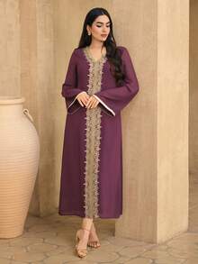 DAZY Women's Elegant Contrast Color Lace Patchwork V-Neck Belted Long Dress, Spring/Summer Dress Sundress - Burgundy - View 3