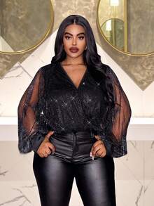 Slaydiva Plus Size Black Party Bodysuit With V Neck Wrap Detail And Semi-Sheer Bishop Sleeves Knitted Fabric Top - Black - View 10