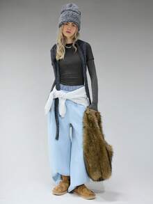 COUREZ 双层长袖针织衫/Y2K长袖上衣 外出上衣 女式上衣 冬季女装 灰色上衣 性感可爱女式上衣 - 灰色 - 查看 7