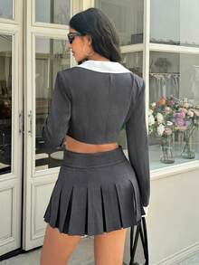 Aidyla 女士灰色梭织长袖垫肩超短款西装外套和A字裙优雅办公两件套，春夏款 - 灰色 - 查看 2