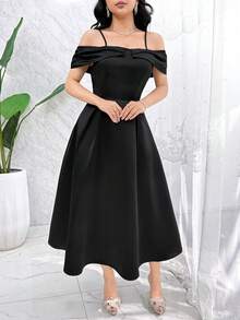 Feyla Robe élégante à volants pour femmes, épaules dénudées, couleur unie - Noir - Voir 6