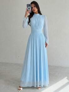 Firerie 女士优雅浪漫日常通勤海滩度假立领褶皱高腰A字喇叭长袖白色连衣裙 - 淺藍色 - 查看 6