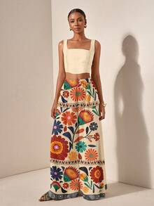 Zivah Estilo de vacaciones casual Conjunto de 2 piezas de top de tirantes finos y pantalones de pierna ancha con bolsillos, con estampado geométrico retro, de tela texturizada, adecuado para vacaciones - Multicolor - Ver 4