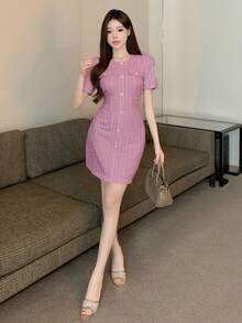 DAZY Váy hè tay bồng thanh lịch cho nữ họa tiết kẻ caro - Hồng - Xem 2