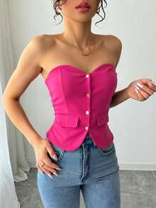 Top tipo bustier elegante, sin mangas, color rosa intenso, sin tirantes y de largo regular para mujer - Rosa Fucsia - Ver 2