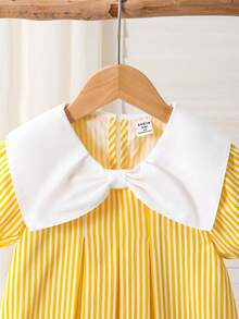 SHEIN Elladie kids 小女孩可爱蝴蝶结领口、花卉条纹印花褶皱下摆公主泡泡袖连衣裙，适合休闲、度假、优雅可爱的日常穿着。 - 黃色 - 查看 7