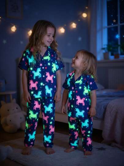 2pcs Baby Girls Lapel Cardigan Short Sleeve Pants Pajama Set, Colorful Cartoon Glow-In-The-Dark Unicorn Pattern, Requires UV Light To Glow