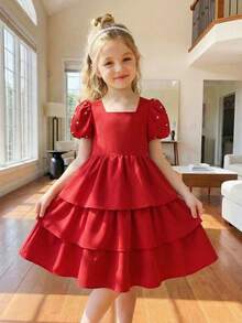 1pc Young Girl Deep Red Short Sleeve Round Neck Cake Dress,3D Ruffle & Pearl Decor,Summer Satin Party Dress,Flattering Silhouette For Celebration - Red - View 4