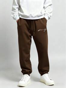 Manfinity Homme Men's Casual Letter Print Drawstring Waist Sports Pants, Autumn - Coffee Brown - View 3
