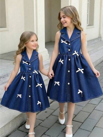 SHEIN Elladie kids 花园女孩夏季新款时尚Polo领露背吊带束腰甜美百搭度假水洗牛仔连衣裙，少女正式连衣裙