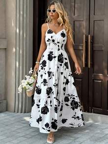 Rafferiza INS Style Adjustable Buckle Women's Spaghetti Strap Waist Cinched Long Dress - White - View 2