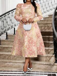 SHEIN Lady 大码优雅图案圆领长袖连衣裙 - 藕粉色 - 查看 6