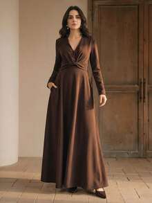 Anewsta French Elegant V-Neck Pleated Waist Midi Dress Windbreaker For Women - Chocolate Brown - View 3